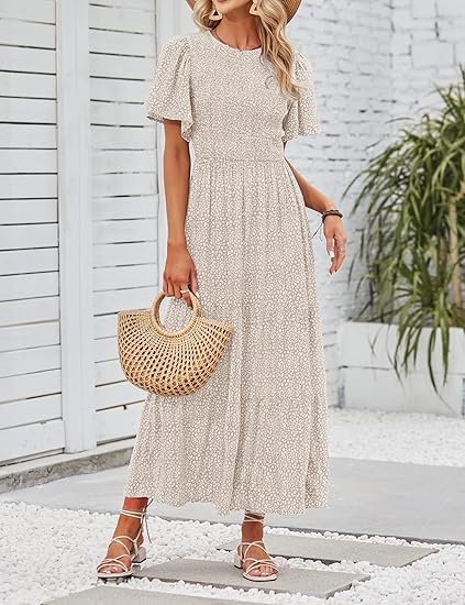 ZESICA Women's 2026 Summer Casual Floral Print Short Flutter Sleeve Crew Neck Smocked High Waist Flowy Maxi Dress