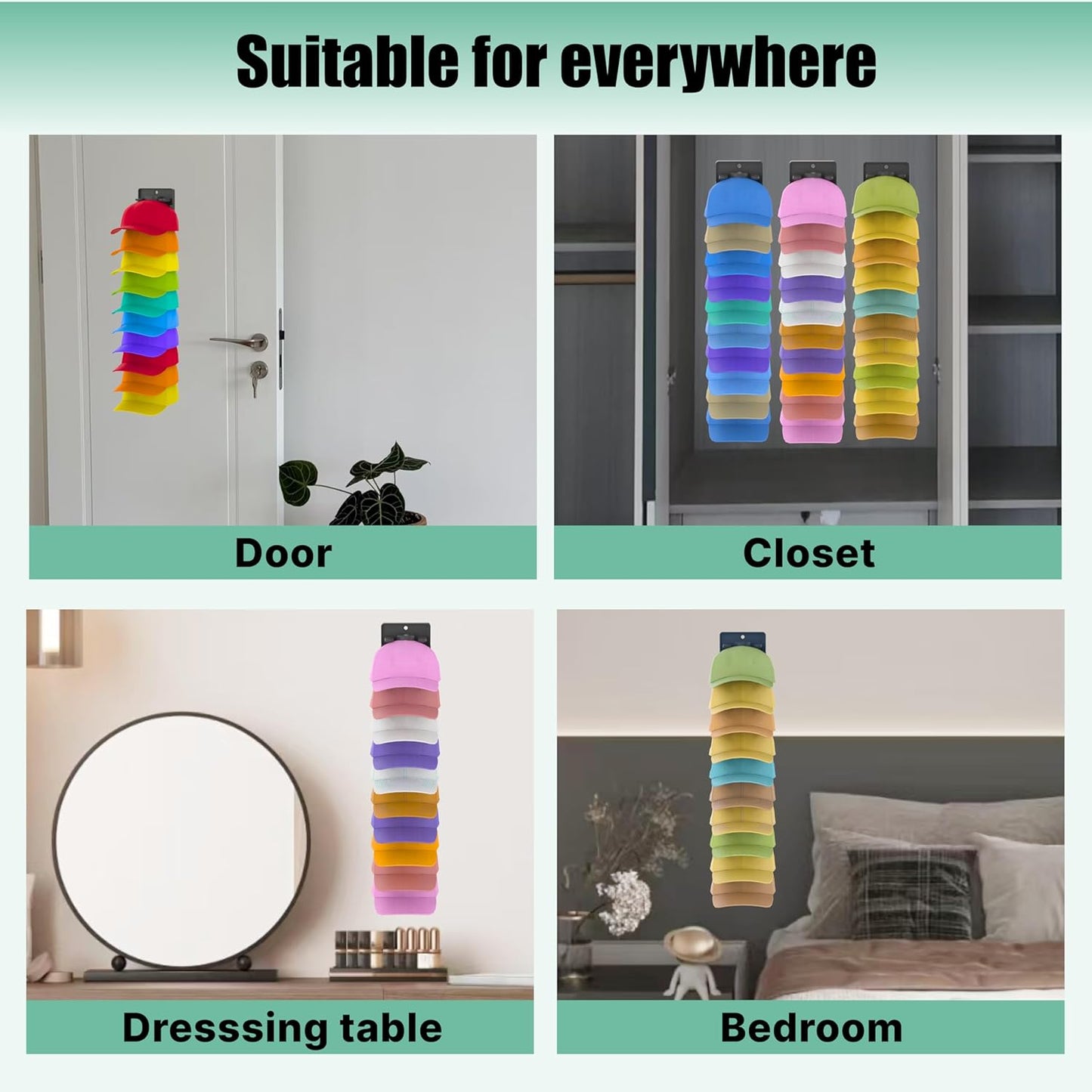 Hat Organizer for Baseball Caps with Built-in Spring Clips - Wall Mount Closet Hat Rack Holder
