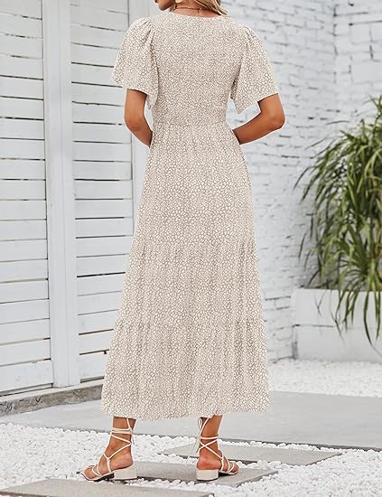 ZESICA Women's 2026 Summer Casual Floral Print Short Flutter Sleeve Crew Neck Smocked High Waist Flowy Maxi Dress