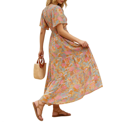 ZESICA Women's 2026 Summer Casual Floral Print Short Flutter Sleeve Crew Neck Smocked High Waist Flowy Maxi Dress