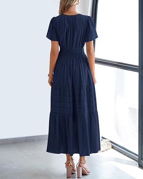 BTFBM Women's Summer 2026 Casual Maxi Dress Lightweight Short Sleeve V Neck Boho Dress with Pockets[Buy 2 Free Shipping]