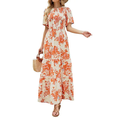 ZESICA Women's 2026 Summer Casual Floral Print Short Flutter Sleeve Crew Neck Smocked High Waist Flowy Maxi Dress