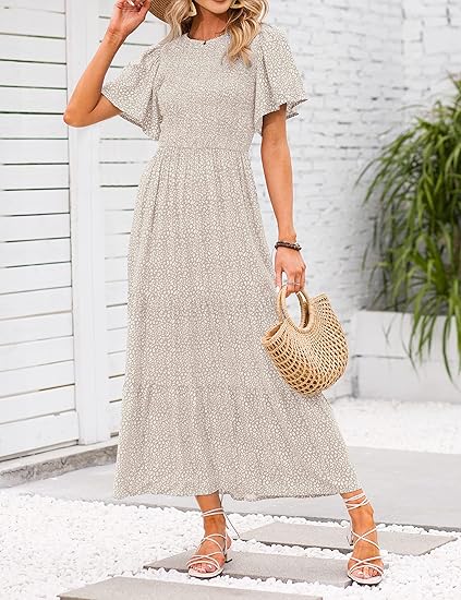 ZESICA Women's 2026 Summer Casual Floral Print Short Flutter Sleeve Crew Neck Smocked High Waist Flowy Maxi Dress