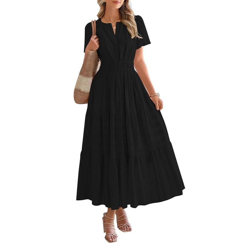 BTFBM Women's Summer 2026 Casual Maxi Dress Lightweight Short Sleeve V Neck Boho Dress with Pockets[Buy 2 Free Shipping]