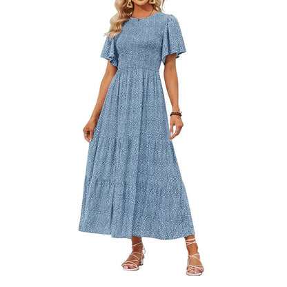 ZESICA Women's 2026 Summer Casual Floral Print Short Flutter Sleeve Crew Neck Smocked High Waist Flowy Maxi Dress