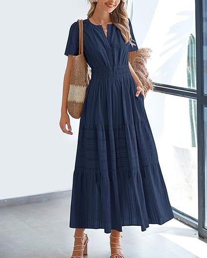 BTFBM Women's Summer 2026 Casual Maxi Dress Lightweight Short Sleeve V Neck Boho Dress with Pockets[Buy 2 Free Shipping]