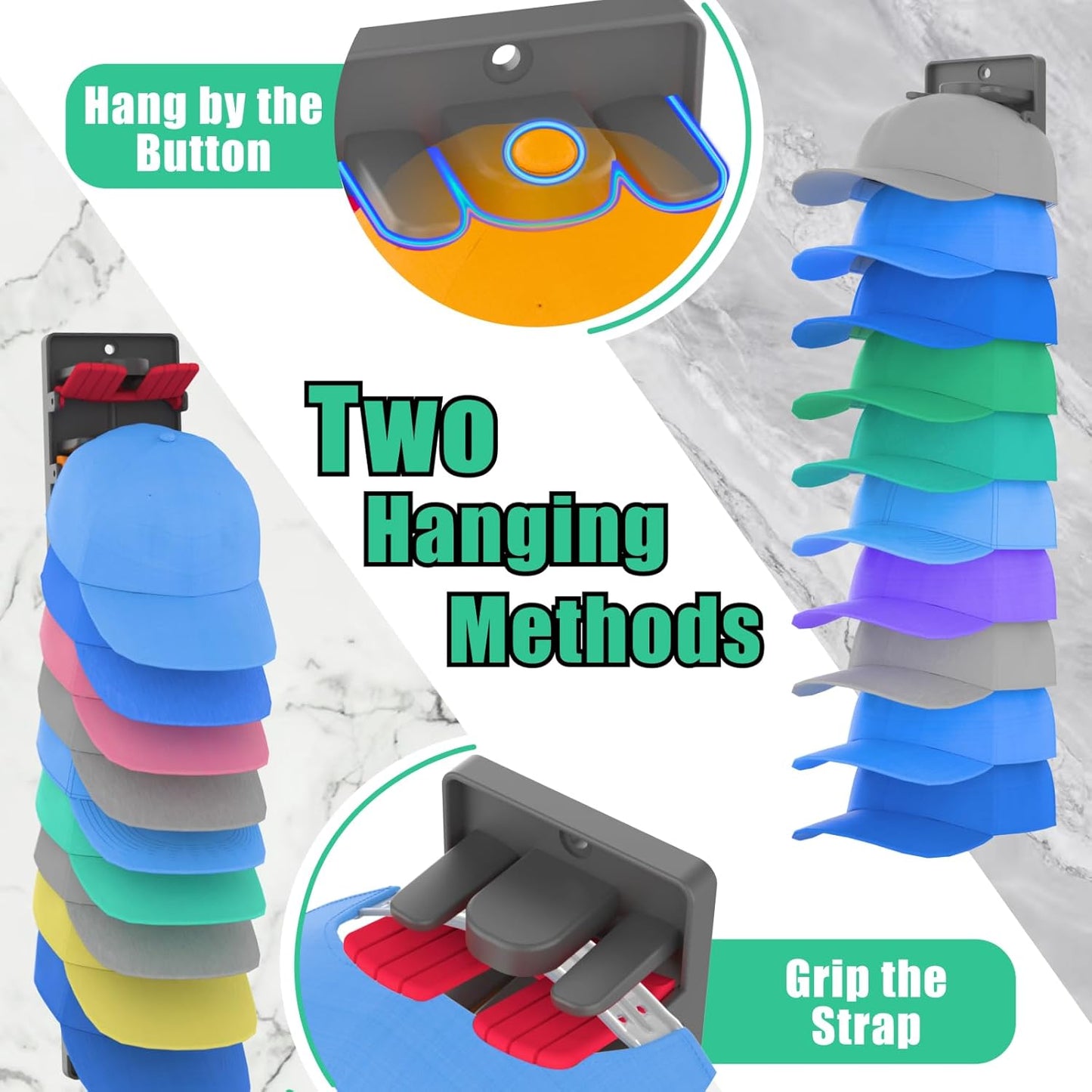 Hat Organizer for Baseball Caps with Built-in Spring Clips - Wall Mount Closet Hat Rack Holder