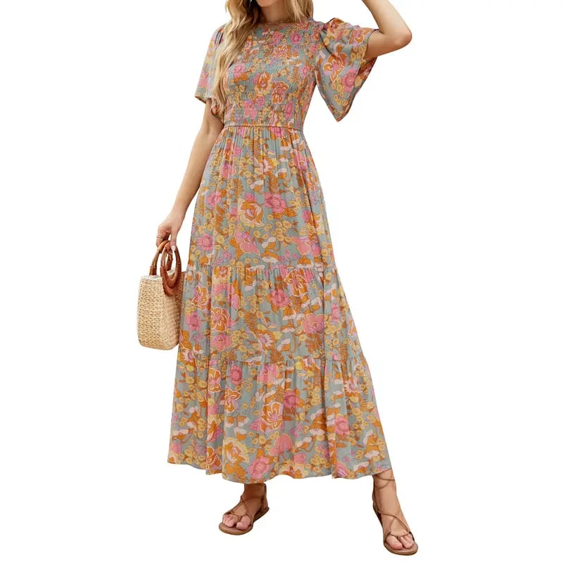 ZESICA Women's 2026 Summer Casual Floral Print Short Flutter Sleeve Crew Neck Smocked High Waist Flowy Maxi Dress