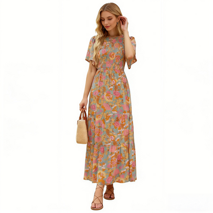 ZESICA Women's 2026 Summer Casual Floral Print Short Flutter Sleeve Crew Neck Smocked High Waist Flowy Maxi Dress