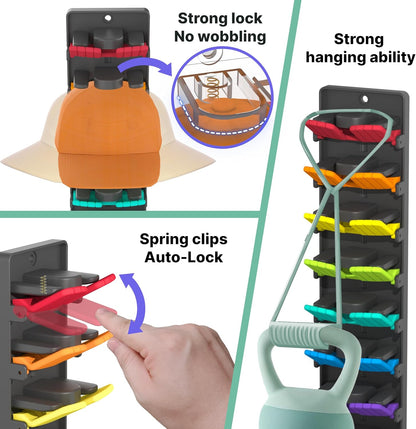 Hat Organizer for Baseball Caps with Built-in Spring Clips - Wall Mount Closet Hat Rack Holder