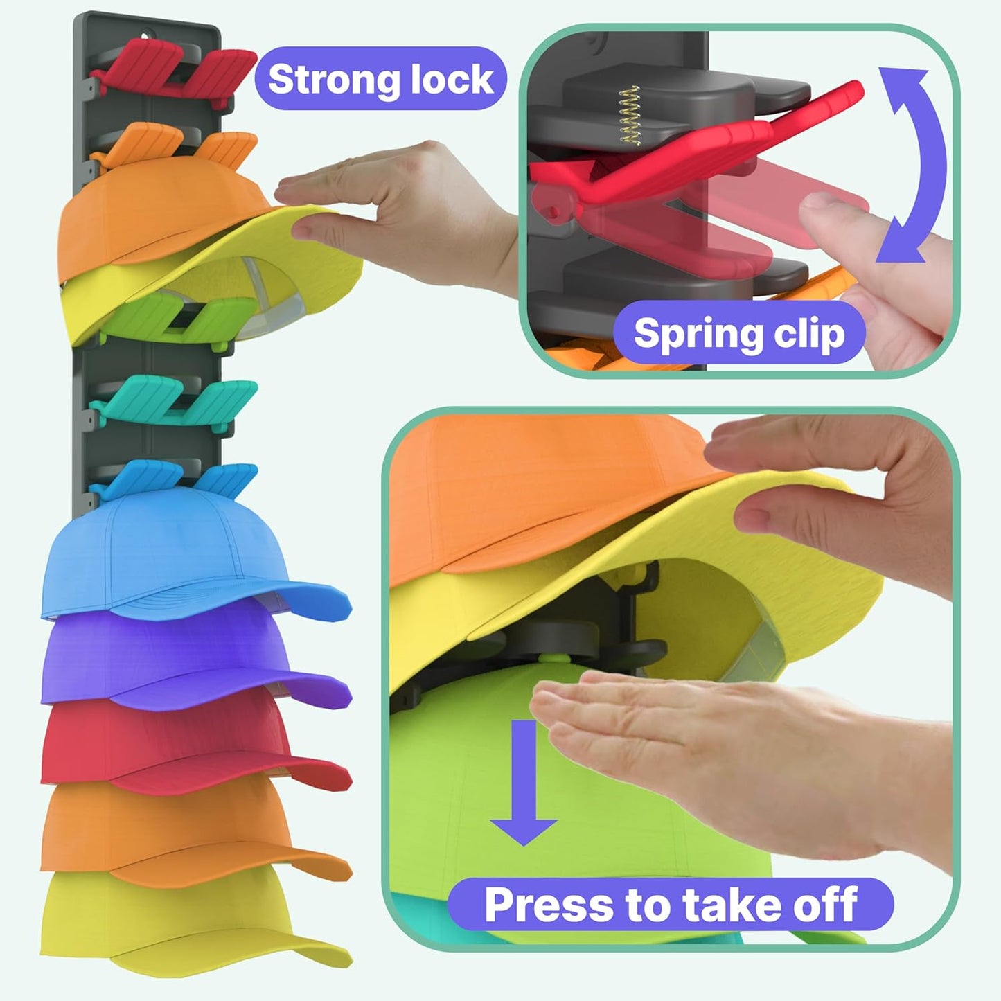 Hat Organizer for Baseball Caps with Built-in Spring Clips - Wall Mount Closet Hat Rack Holder