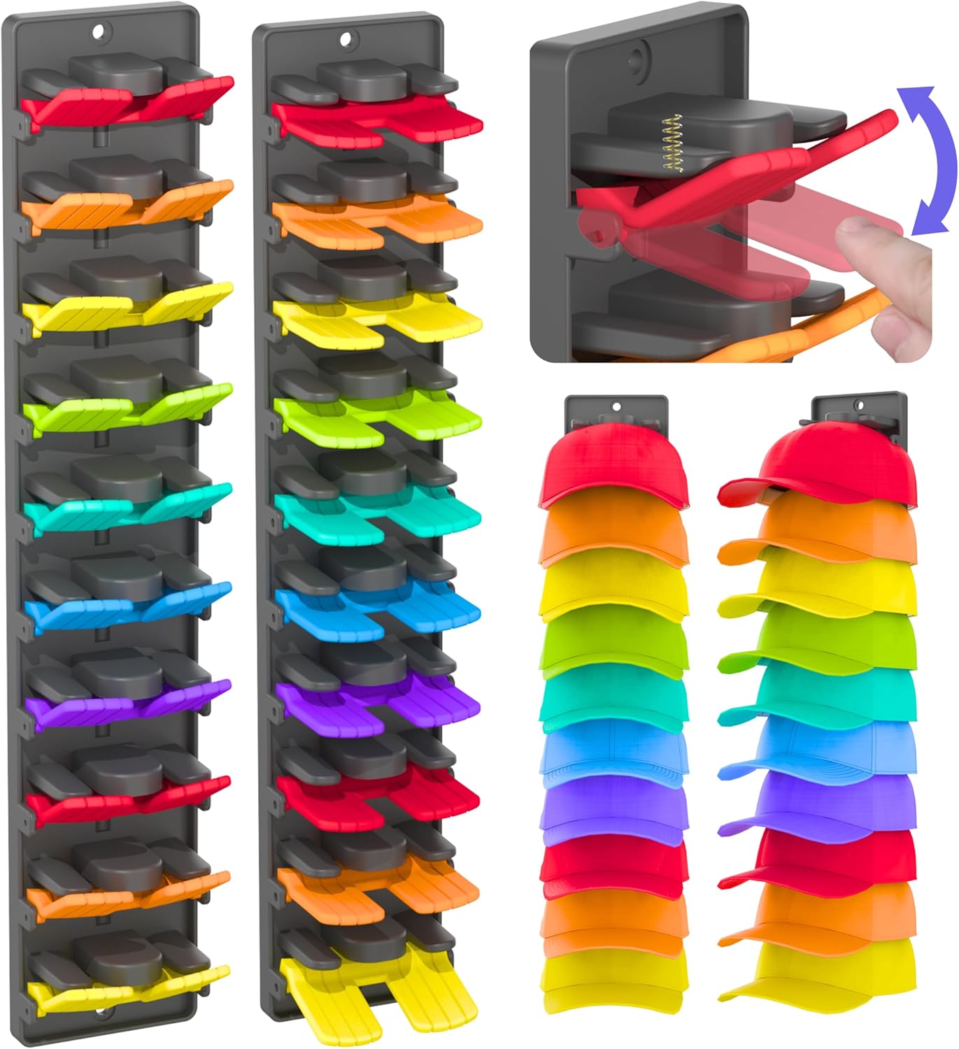 Hat Organizer for Baseball Caps with Built-in Spring Clips - Wall Mount Closet Hat Rack Holder