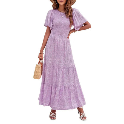 ZESICA Women's 2026 Summer Casual Floral Print Short Flutter Sleeve Crew Neck Smocked High Waist Flowy Maxi Dress