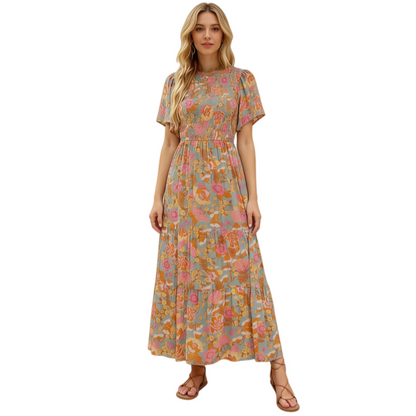 ZESICA Women's 2026 Summer Casual Floral Print Short Flutter Sleeve Crew Neck Smocked High Waist Flowy Maxi Dress