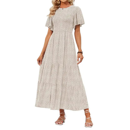 ZESICA Women's 2026 Summer Casual Floral Print Short Flutter Sleeve Crew Neck Smocked High Waist Flowy Maxi Dress