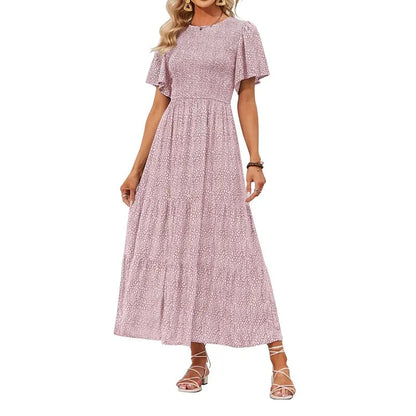 ZESICA Women's 2026 Summer Casual Floral Print Short Flutter Sleeve Crew Neck Smocked High Waist Flowy Maxi Dress