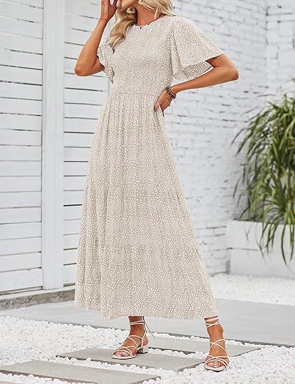 ZESICA Women's 2026 Summer Casual Floral Print Short Flutter Sleeve Crew Neck Smocked High Waist Flowy Maxi Dress
