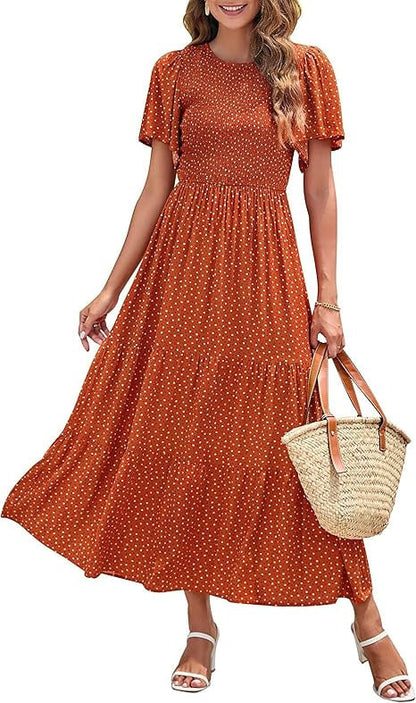 ZESICA Women's 2026 Summer Casual Floral Print Short Flutter Sleeve Crew Neck Smocked High Waist Flowy Maxi Dress