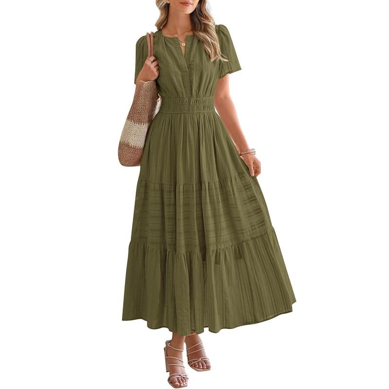 BTFBM Women's Summer 2026 Casual Maxi Dress Lightweight Short Sleeve V Neck Boho Dress with Pockets[Buy 2 Free Shipping]