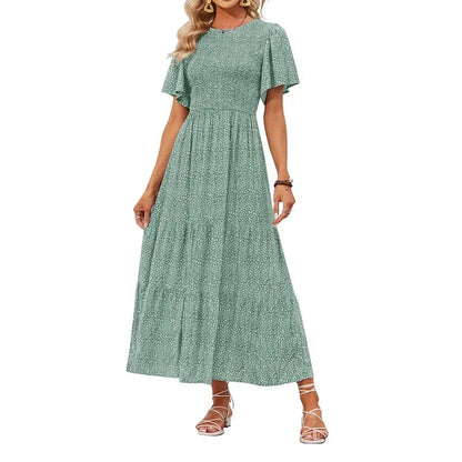 ZESICA Women's 2026 Summer Casual Floral Print Short Flutter Sleeve Crew Neck Smocked High Waist Flowy Maxi Dress