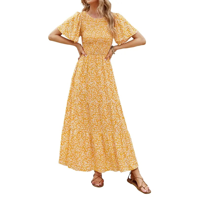 ZESICA Women's 2026 Summer Casual Floral Print Short Flutter Sleeve Crew Neck Smocked High Waist Flowy Maxi Dress